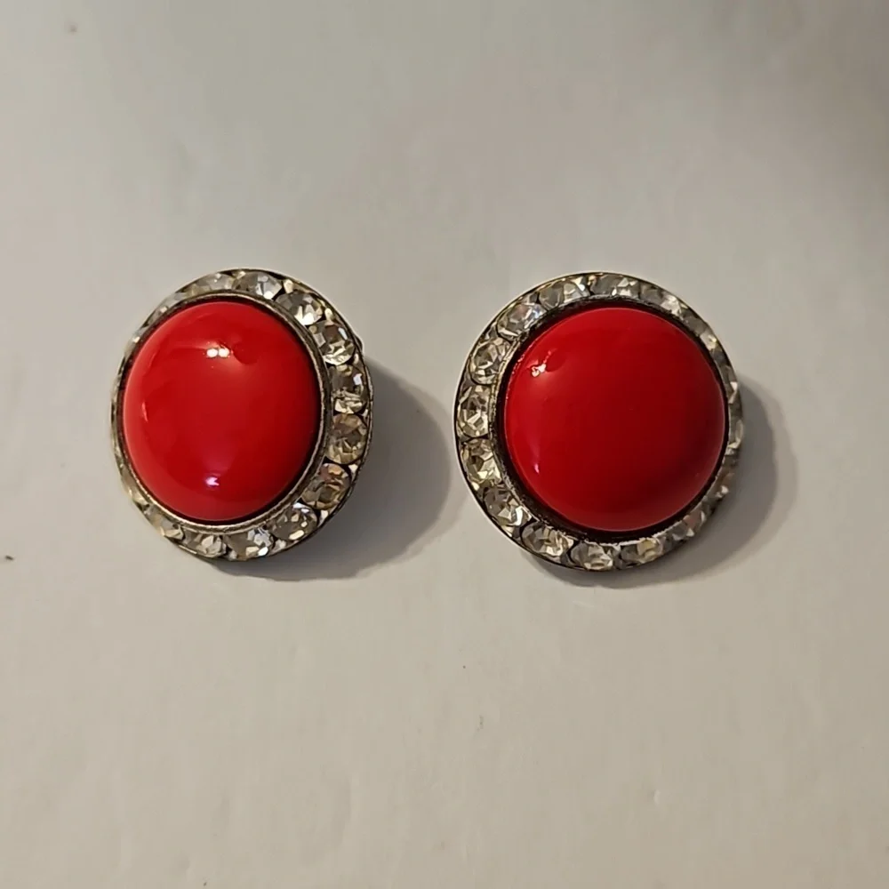 Vintage 2 Prs. Brown, Red & Rhinestones Button Silvertone Clip-on Earrings